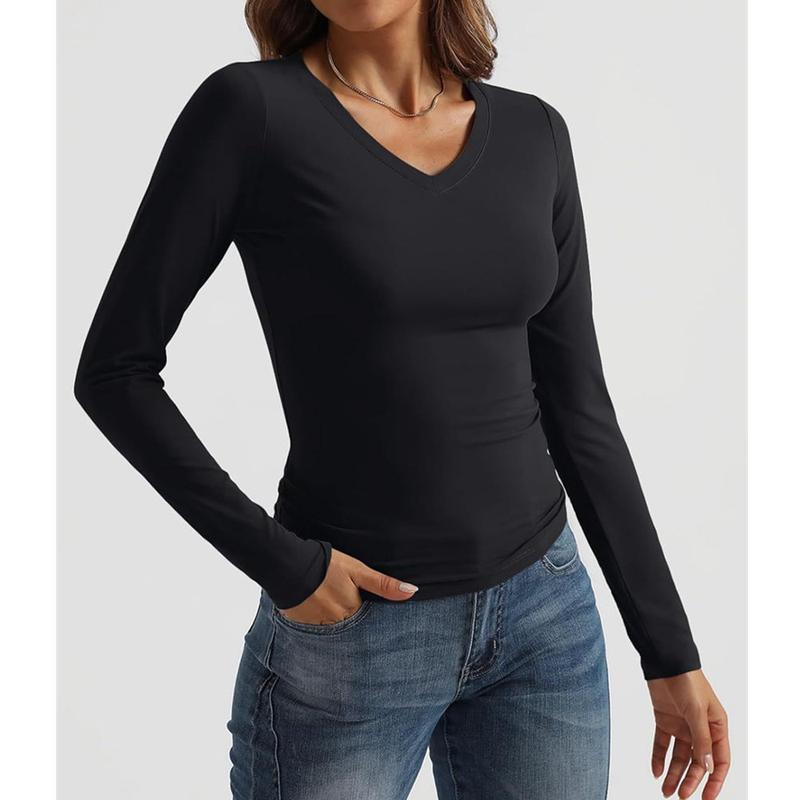 V Neck Top for Women Soft Workout Shirt Going Out Tops Sexy Slim Fitted Casual Base Layer Lightweight Comfort Fabric Long Sleeve Womenswear