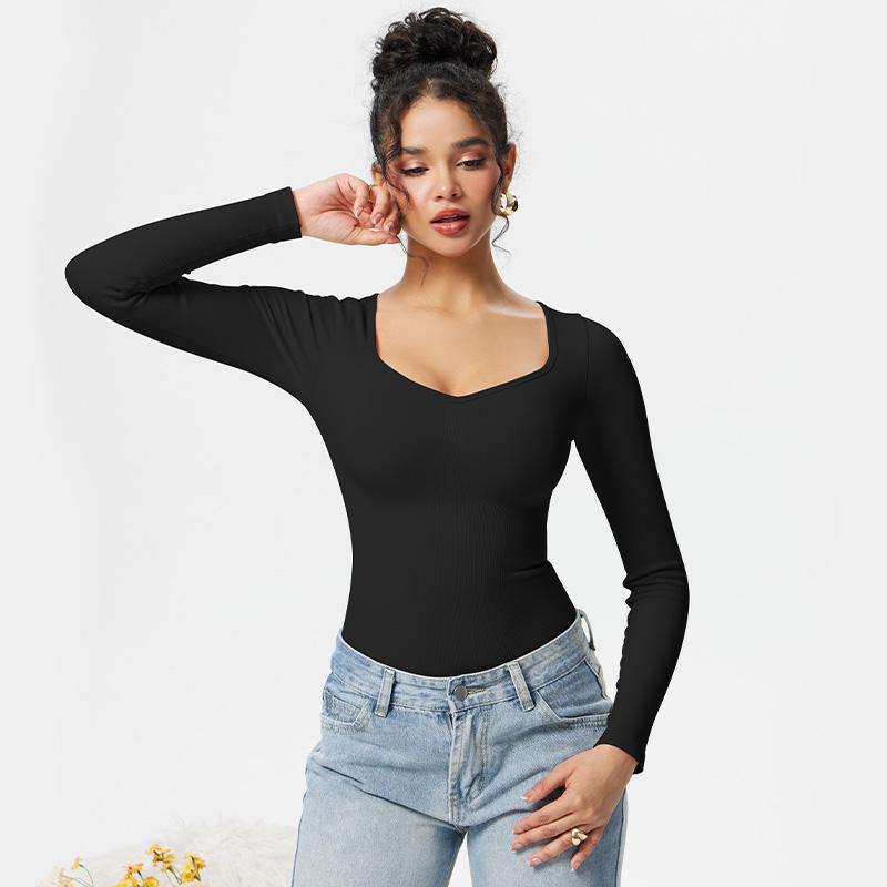 OQQ Long Sleeve  V Neck  Bodysuits Womenswear Tops Basic Comfort Women Pieces Women's Stretchy Long Sleeve Bodysuit