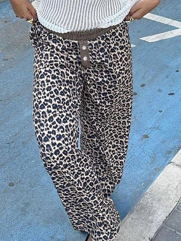 Women's All Over Leopard Print Button Straight Leg Pants, Casual Comfy Patchwork Print Trousers for Daily Wear, Trousers for Women, Ladies Bottoms for All Seasons