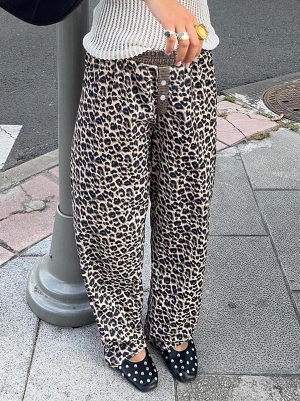 Women's All Over Leopard Print Button Straight Leg Pants, Casual Comfy Patchwork Print Trousers for Daily Wear, Trousers for Women, Ladies Bottoms for All Seasons