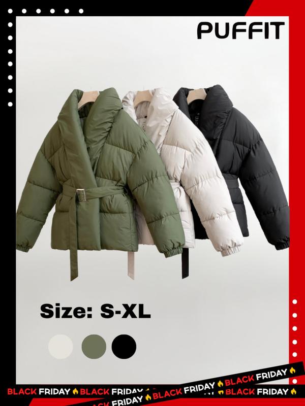 Women's Solid Color Shawl Collar Pocket Belted Winter Coat, Casual Fashionable Waterproof Windproof Drop Shoulder Warm Outerwear for Daily Outdoor Wear, Women Clothing for Fall & Winter