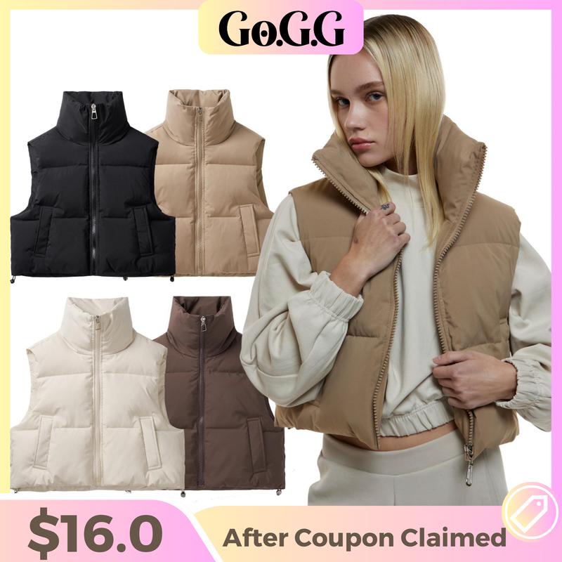 Go.G.G Cropped Puffer Vest Womenswear Tops, Full Zip Solid Color Vests for Women, Soft Stand Collar Sleeveless Pocket Design Outerwear Tops Lightweight