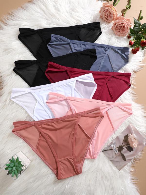 Women's Solid Color Sheer Contrast Mesh Panty, Soft Comfy Breathable Knicker for Daily Wear, Underwear for All Seasons