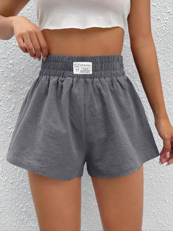 Women's Letter & Bear Patched Elastic Waist Shorts, Casual Plain Shorts,  Shorts for Women, Women's Bottoms for Daily Wear