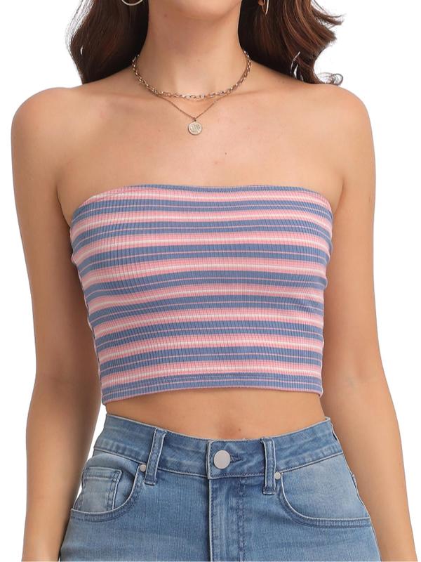 Women's Striped Print Backless Crop Tube Top, Fashion Casual Strapless Cropped Top, Back To School Outfits, Summer Tops, Ladies Clothes for Daily Wear