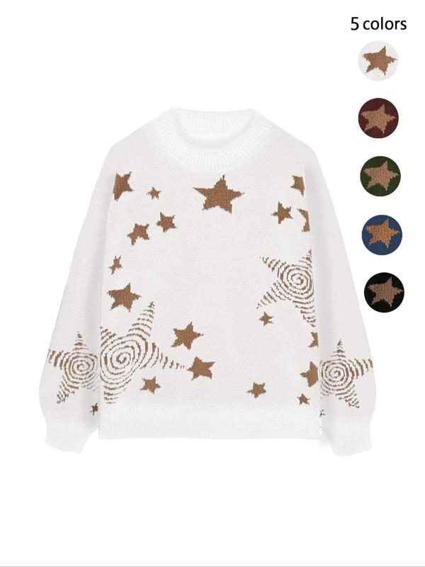 Women's Star Print Drop Shoulder Sweater, Fashion Casual Long Sleeve Round Neck Jumper for Fall & Winter, Ladies' Knitwear for Daily Wear, Sweaters for Women, Winter Clothes Women, Tops for Women, Experimental Outfits