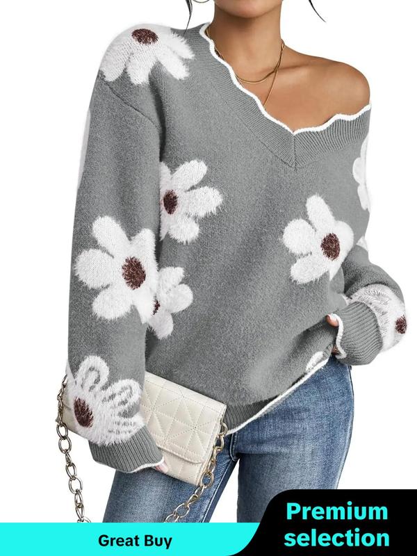 Women's Floral Pattern Scallop Trim Drop Shoulder Sweater Tops, Casual Chic Long Sleeve V Neck Jumper for Fall & Winter, Sweaters for Women, Fashion Ladies' Knitwear for Daily Casual Wear