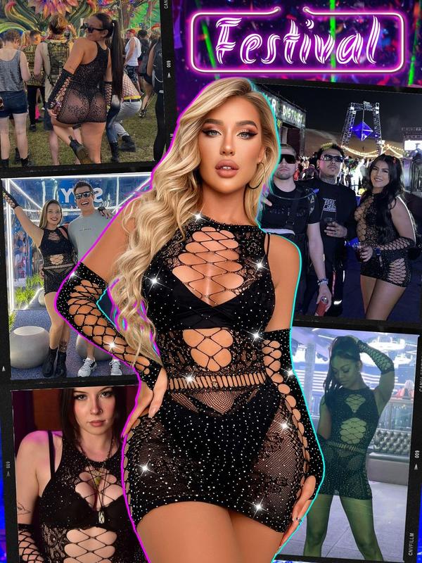 Sexy Sparkly Rhinestone Bodysuit - Rave Exotic Mesh Fishnet Club Dancewear Outfits Jumpsuit Cutout Dress for Women