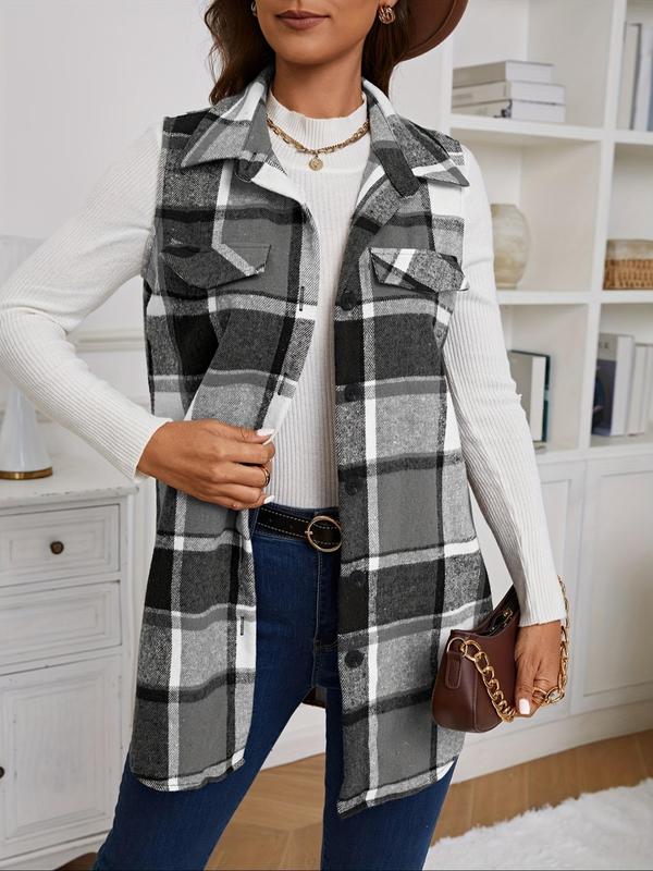 Women's Plaid Print Button Front Pocket Vest Coat, Casual Sleeveless Collared Outerwear for Spring & Fall, Ladies Clothes for Daily Wear