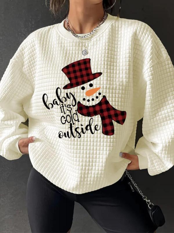  Snowman Print Waffle Knit Pullover Sweatshirt, Casual Long Sleeve Crew Neck Sweatshirt for Fall & Winter, Women's Clothing for Daily Wear