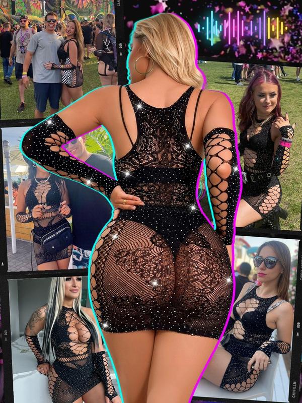 Sexy Sparkly Rhinestone Bodysuit - Rave Exotic Mesh Fishnet Club Dancewear Outfits Jumpsuit Cutout Dress for Women