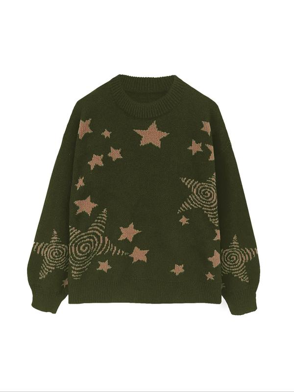 Women's Star Print Drop Shoulder Sweater, Fashion Casual Long Sleeve Round Neck Jumper for Fall & Winter, Ladies' Knitwear for Daily Wear, Sweaters for Women, Winter Clothes Women, Tops for Women, Experimental Outfits