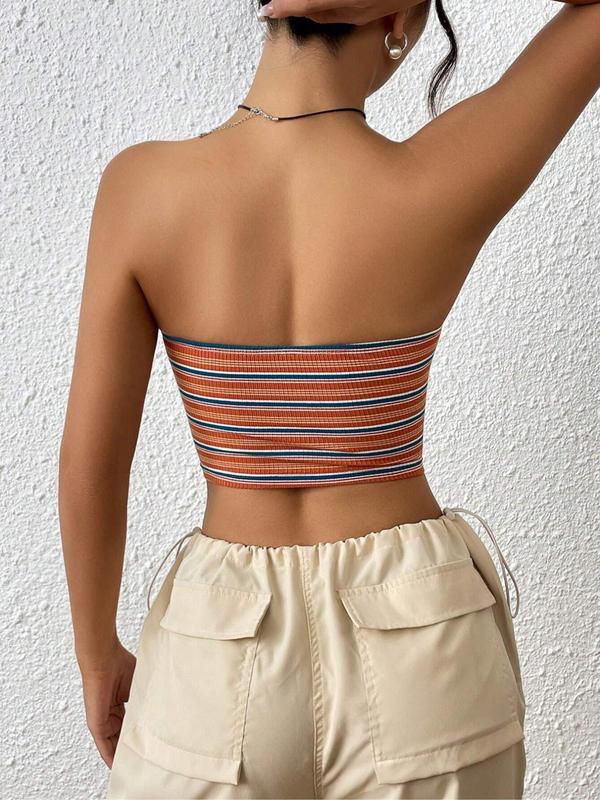 Women's Striped Print Backless Crop Tube Top, Fashion Casual Strapless Cropped Top, Back To School Outfits, Summer Tops, Ladies Clothes for Daily Wear