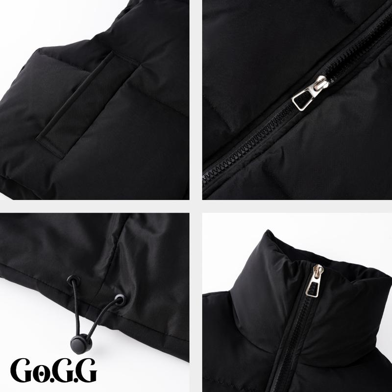 Go.G.G Cropped Puffer Vest Womenswear Tops, Full Zip Solid Color Vests for Women, Soft Stand Collar Sleeveless Pocket Design Outerwear Tops Lightweight