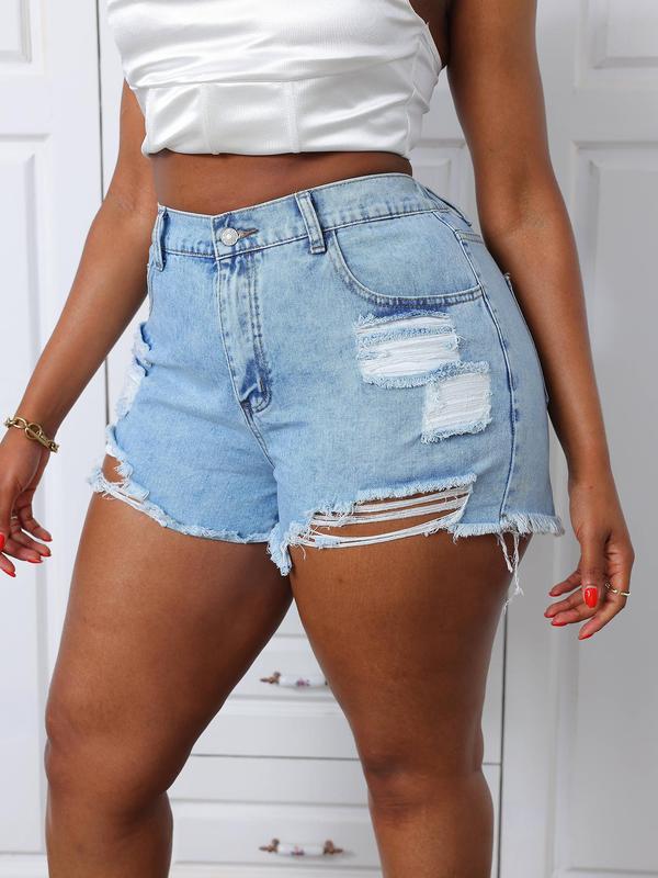  Button Ripped High Waist Denim Shorts, Fashion Casual Pocket Shorts for Daily Outdoor, Jorts for Women, 2000s Latina Jeans, Women Streetwear Clothing, Fitted Summer Outfits 2024, Minimalistic Outfit