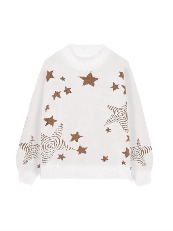 Women's Star Print Drop Shoulder Sweater, Fashion Casual Long Sleeve Round Neck Jumper for Fall & Winter, Ladies' Knitwear for Daily Wear, Sweaters for Women, Winter Clothes Women, Tops for Women, Experimental Outfits