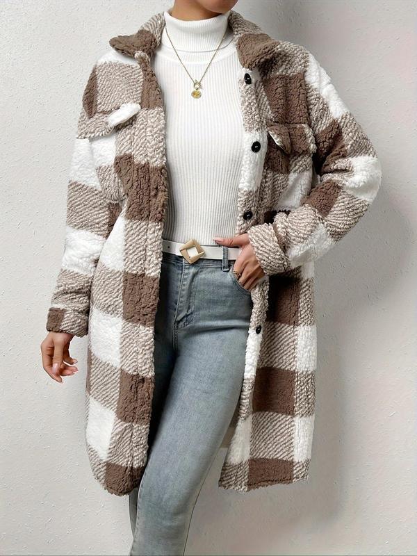 Women's Plaid Print Button Front Pocket  Fuzzy Coat, Casual Long Sleeve Collared Outerwear for Fall & Winter, Women's Clothes for Daily Wear