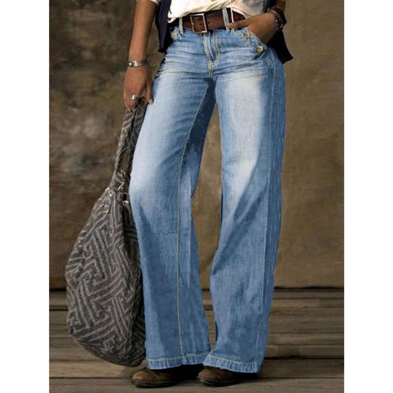 Low Waisted Flared Women's Jeans, Non Stretchy, Loose, Comfortable Casual Denim Wide Leg Pants