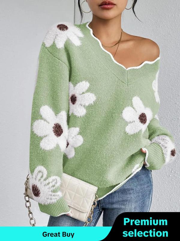 Women's Floral Pattern Scallop Trim Drop Shoulder Sweater Tops, Casual Chic Long Sleeve V Neck Jumper for Fall & Winter, Sweaters for Women, Fashion Ladies' Knitwear for Daily Casual Wear