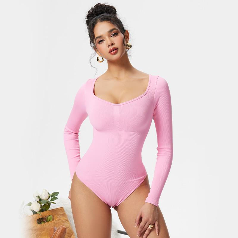 OQQ Long Sleeve  V Neck  Bodysuits Womenswear Tops Basic Comfort Women Pieces Women's Stretchy Long Sleeve Bodysuit