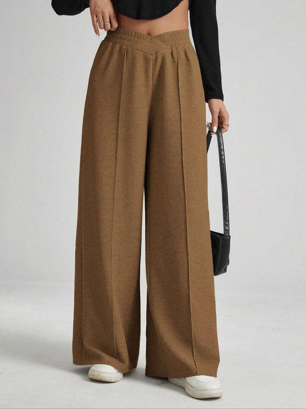 Women's Solid Wrap Wide Leg Pants, Elegant Elastic Waist Trousers for Work Office Business, Ladies Bottoms for All Seasons