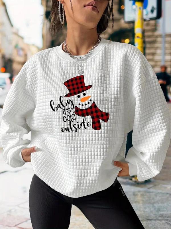  Snowman Print Waffle Knit Pullover Sweatshirt, Casual Long Sleeve Crew Neck Sweatshirt for Fall & Winter, Women's Clothing for Daily Wear