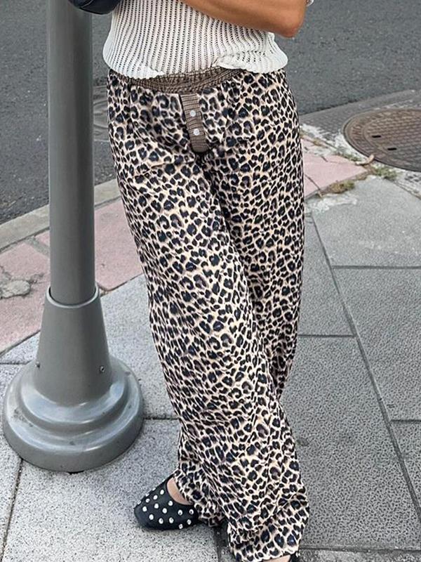 Women's All Over Leopard Print Button Straight Leg Pants, Casual Comfy Patchwork Print Trousers for Daily Wear, Trousers for Women, Ladies Bottoms for All Seasons