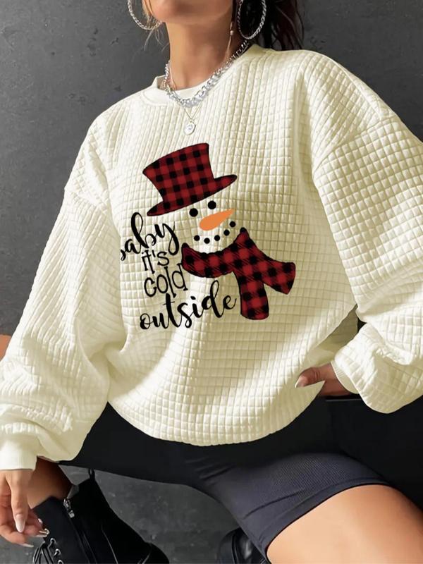  Snowman Print Waffle Knit Pullover Sweatshirt, Casual Long Sleeve Crew Neck Sweatshirt for Fall & Winter, Women's Clothing for Daily Wear