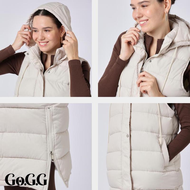 Go.G.G Winter Warmer Slim Side Zip Long Puffer Vest Womenswear Tops, Button Front Full Zip Hooded Women Jackets for Winter and Fall, Casual Plain Color Sleeveless Lightweight Quilted Outerwear Vest with Pockets