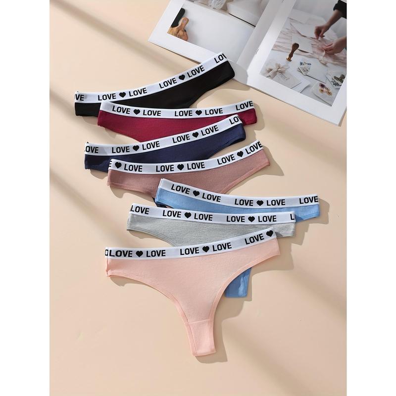 7pcs Letter Print Cotton Thongs, Sexy Comfy Breathable Stretchy Intimates Panties, Women's Lingerie & Underwear