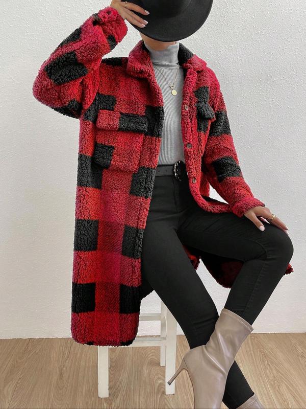 Women's Plaid Print Button Front Pocket  Fuzzy Coat, Casual Long Sleeve Collared Outerwear for Fall & Winter, Women's Clothes for Daily Wear