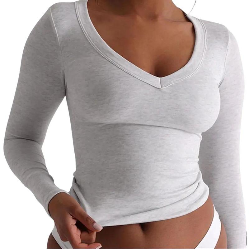 V Neck Top for Women Soft Workout Shirt Going Out Tops Sexy Slim Fitted Casual Base Layer Lightweight Comfort Fabric Long Sleeve Womenswear