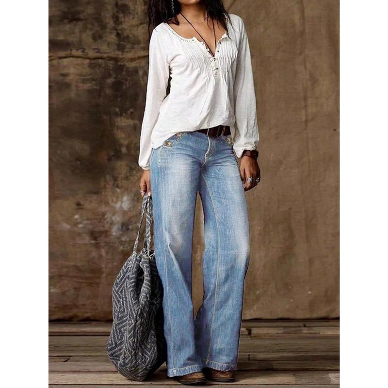 Low Waisted Flared Women's Jeans, Non Stretchy, Loose, Comfortable Casual Denim Wide Leg Pants