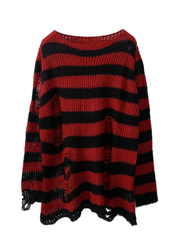 Striped Print Ripped Boat Neck Sweater, Long Sleeve Essential Emo Jumper, Summer Outfits 2024, Comfort Longsleeves Knitting Tops for Lady, Womenswear, Vintage Clothing