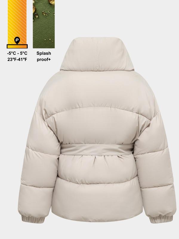 Women's Solid Color Shawl Collar Pocket Belted Winter Coat, Casual Fashionable Waterproof Windproof Drop Shoulder Warm Outerwear for Daily Outdoor Wear, Women Clothing for Fall & Winter