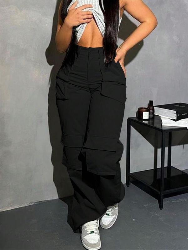 Women's Plain Pocket Straight Leg Pants, Casual Streetwear High Waist Trousers for Spring & Fall, Ladies Bottoms for Daily Wear