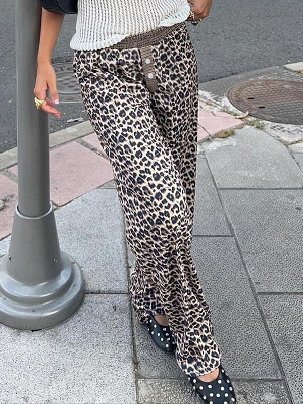 Women's All Over Leopard Print Button Straight Leg Pants, Casual Comfy Patchwork Print Trousers for Daily Wear, Trousers for Women, Ladies Bottoms for All Seasons