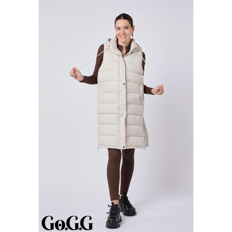 Go.G.G Winter Warmer Slim Side Zip Long Puffer Vest Womenswear Tops, Button Front Full Zip Hooded Women Jackets for Winter and Fall, Casual Plain Color Sleeveless Lightweight Quilted Outerwear Vest with Pockets