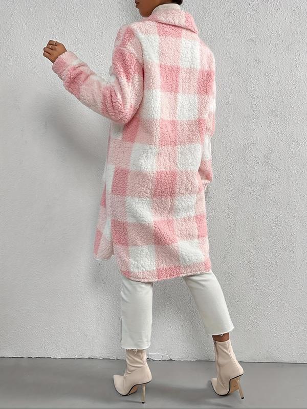 Women's Plaid Print Button Front Pocket  Fuzzy Coat, Casual Long Sleeve Collared Outerwear for Fall & Winter, Women's Clothes for Daily Wear