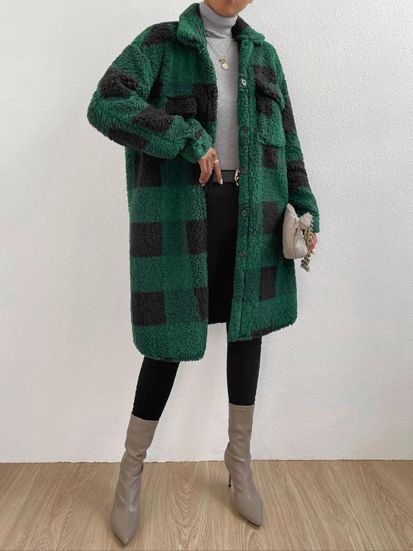 Women's Plaid Print Button Front Pocket  Fuzzy Coat, Casual Long Sleeve Collared Outerwear for Fall & Winter, Women's Clothes for Daily Wear