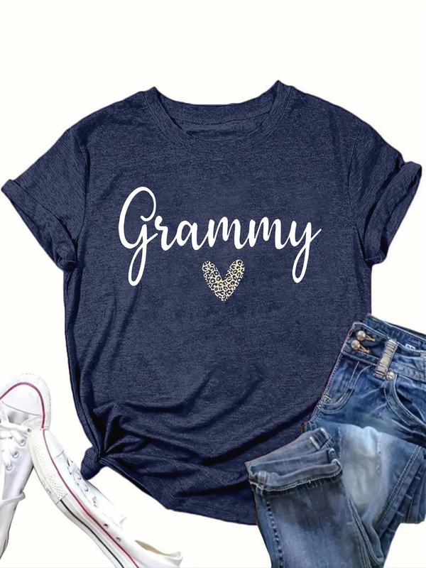  Letter & Heart Print Round Neck Tee, Casual Short Sleeve Crew Neck T-Shirt for Summer, Women's Clothing for Daily Wear