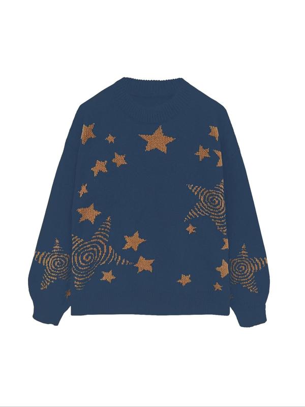 Women's Star Print Drop Shoulder Sweater, Fashion Casual Long Sleeve Round Neck Jumper for Fall & Winter, Ladies' Knitwear for Daily Wear, Sweaters for Women, Winter Clothes Women, Tops for Women, Experimental Outfits