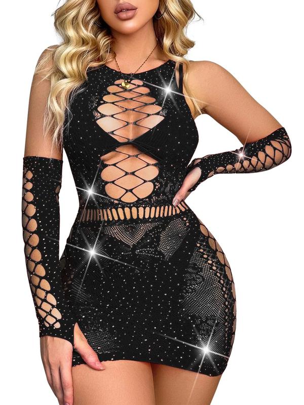 Sexy Sparkly Rhinestone Bodysuit - Rave Exotic Mesh Fishnet Club Dancewear Outfits Jumpsuit Cutout Dress for Women