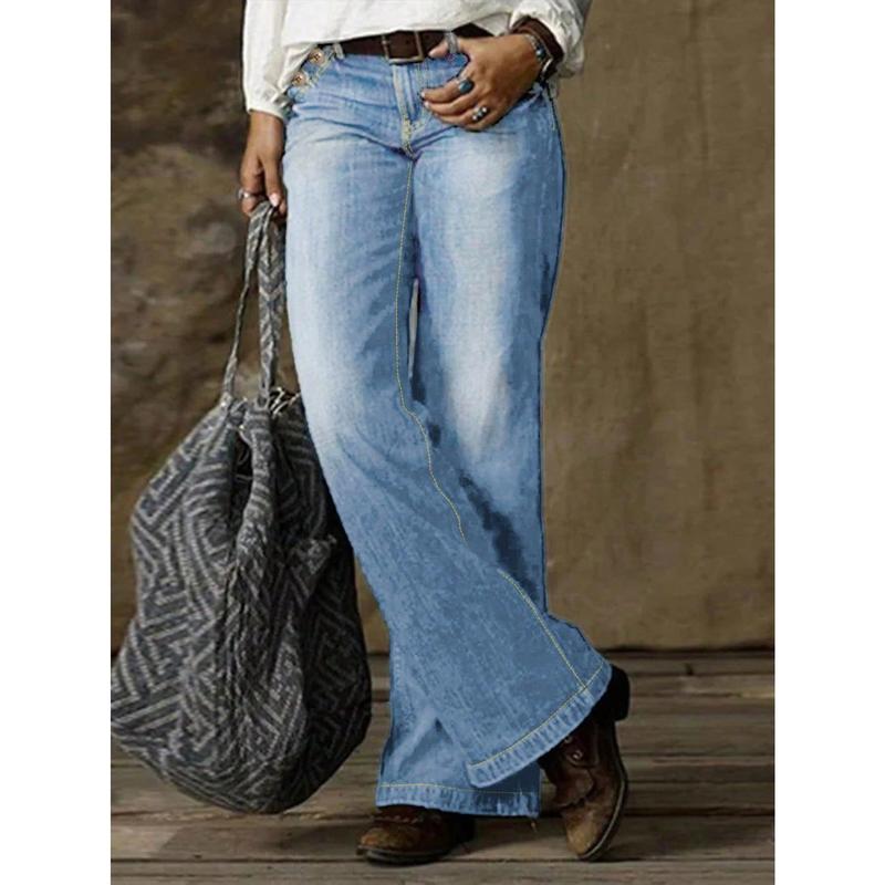 Low Waisted Flared Women's Jeans, Non Stretchy, Loose, Comfortable Casual Denim Wide Leg Pants