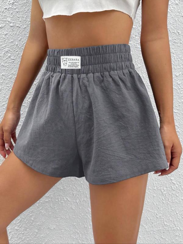 Women's Letter & Bear Patched Elastic Waist Shorts, Casual Plain Shorts,  Shorts for Women, Women's Bottoms for Daily Wear