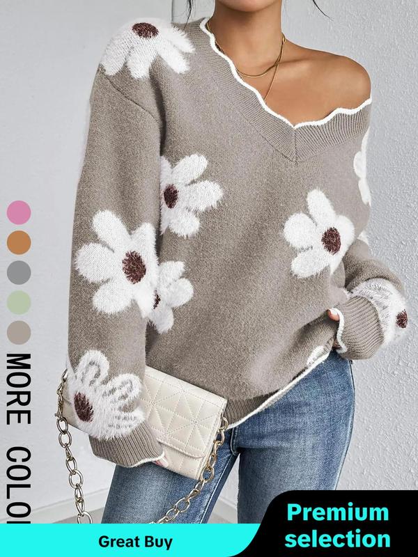 Women's Floral Pattern Scallop Trim Drop Shoulder Sweater Tops, Casual Chic Long Sleeve V Neck Jumper for Fall & Winter, Sweaters for Women, Fashion Ladies' Knitwear for Daily Casual Wear