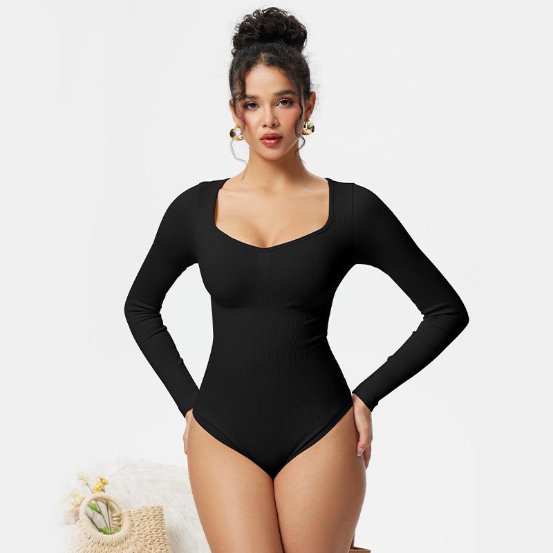 OQQ Long Sleeve  V Neck  Bodysuits Womenswear Tops Basic Comfort Women Pieces Women's Stretchy Long Sleeve Bodysuit