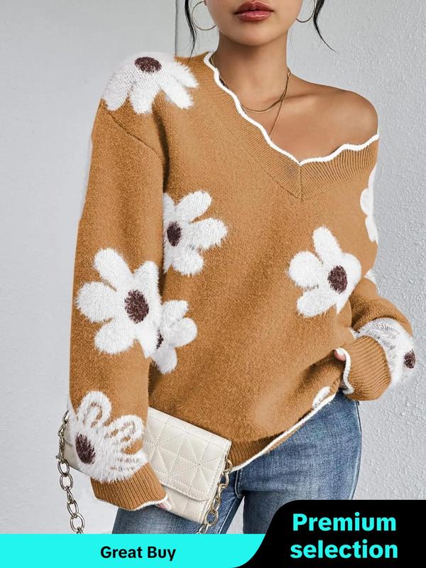 Women's Floral Pattern Scallop Trim Drop Shoulder Sweater Tops, Casual Chic Long Sleeve V Neck Jumper for Fall & Winter, Sweaters for Women, Fashion Ladies' Knitwear for Daily Casual Wear