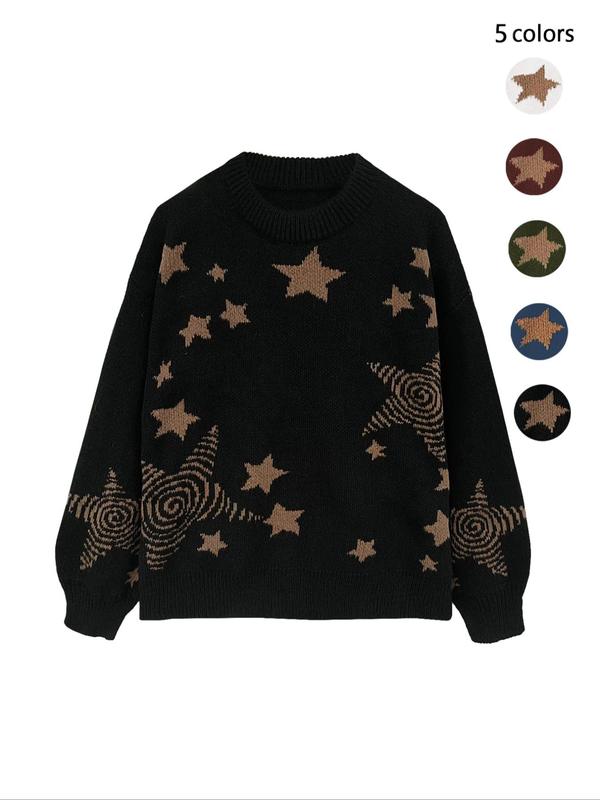 Women's Star Print Drop Shoulder Sweater, Fashion Casual Long Sleeve Round Neck Jumper for Fall & Winter, Ladies' Knitwear for Daily Wear, Sweaters for Women, Winter Clothes Women, Tops for Women, Experimental Outfits