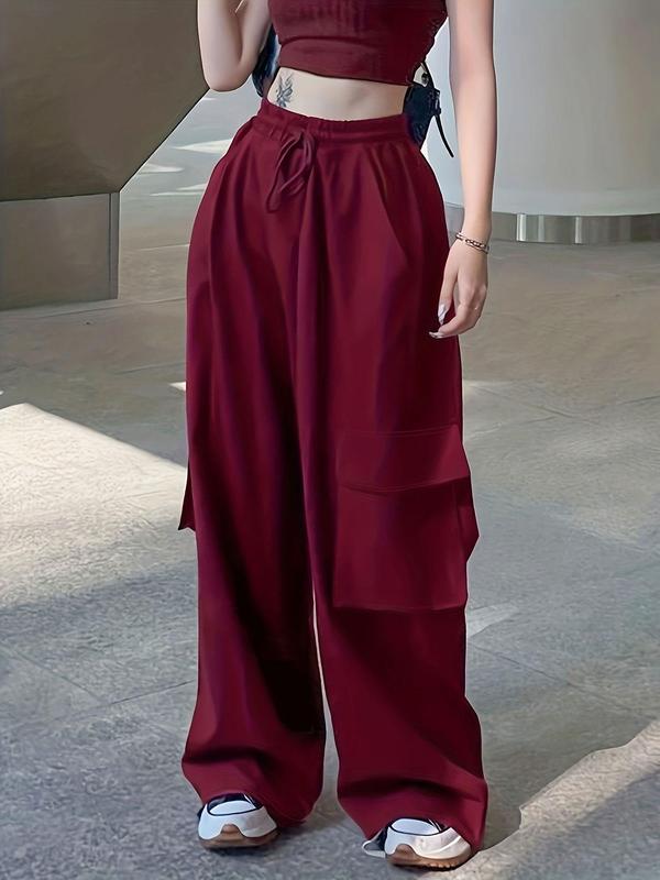 Women's Plain Drawstring High Waist Wide Leg Pants, Casual Pocket Design Trousers for Spring & Fall, Women's Bottoms for Daily Wear